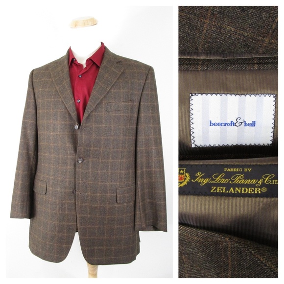 Beecroft & Bull Loro Piana Zelander Wool Tweed Brown Plaid Sport Coat Size 42L